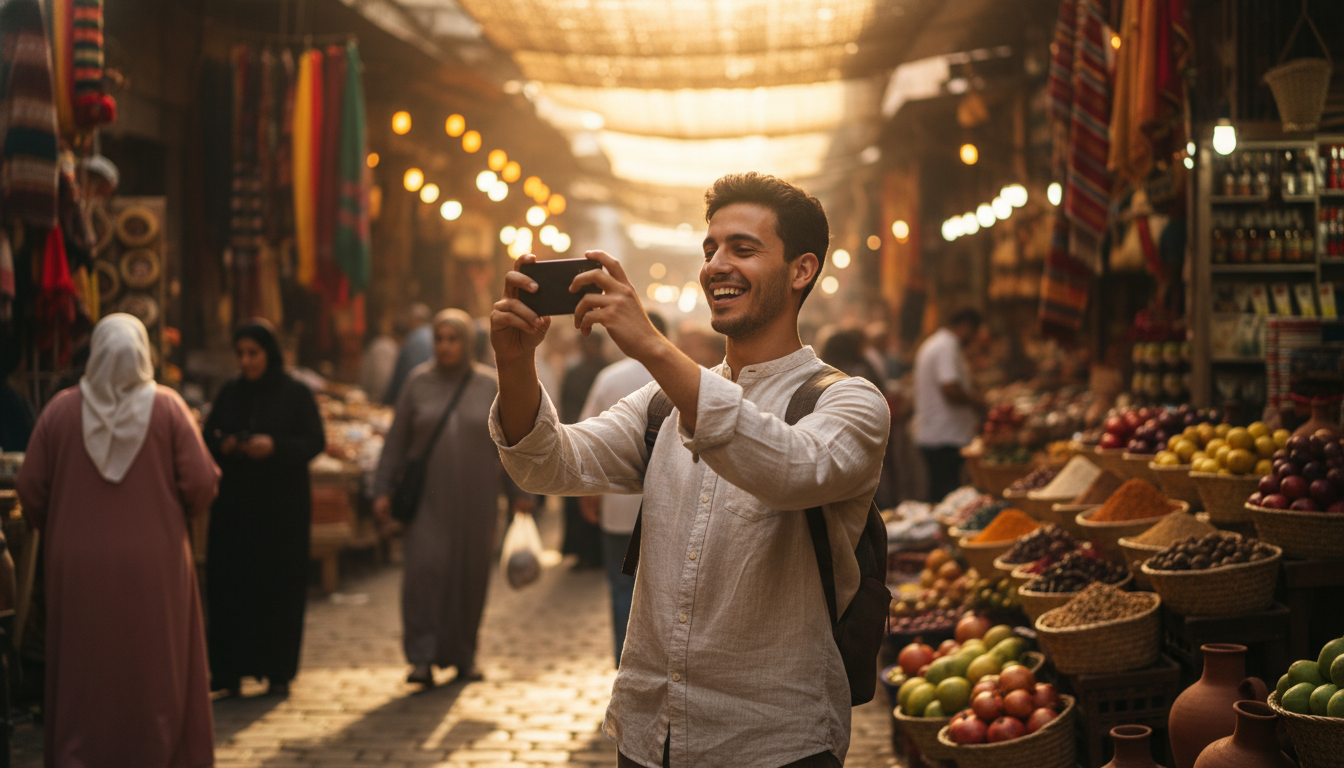 Voyageur utilisant son smartphone dans une rue animée en Algérie